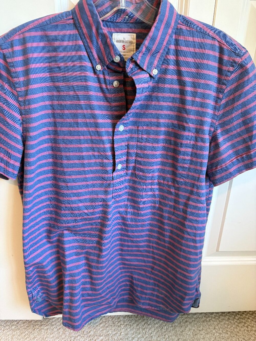 GAP Shirt Mens S Pink/Navy Modern Oxford Button Down Short Sleeve Stripe Pkt.
